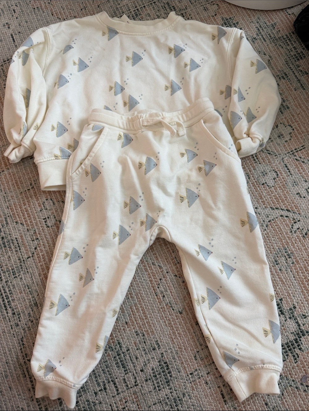 Rylee + Cru Cream Sweatshirt and Joggers with Blue Fish and Gold Accents